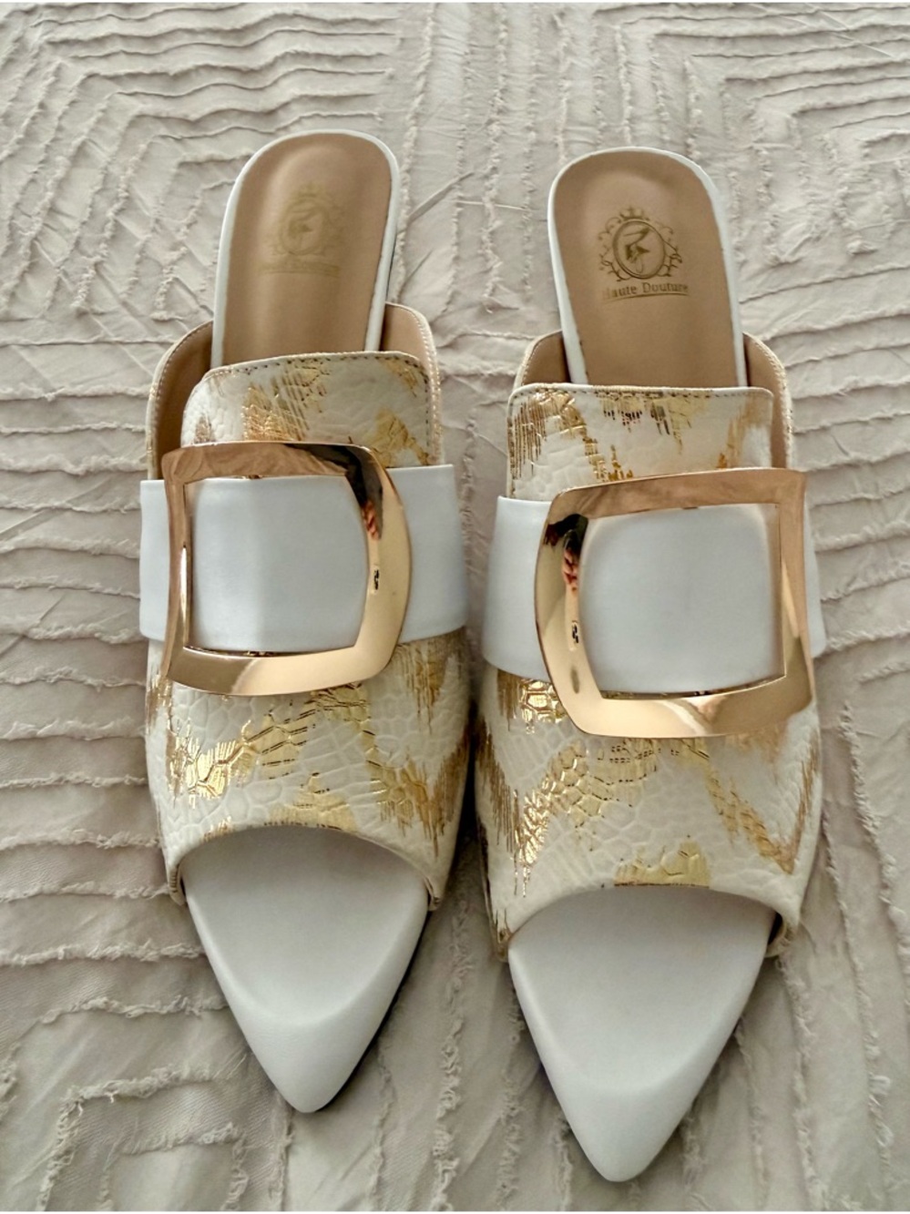 White & Gold Pointed Slide Mules with Oversized Gold Buckle